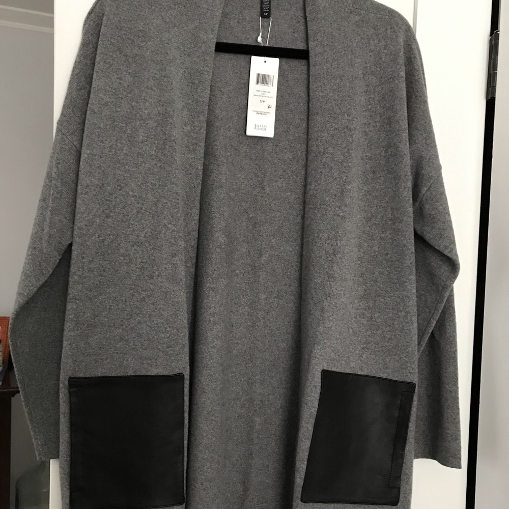 Grey cardigan with black leather pockets